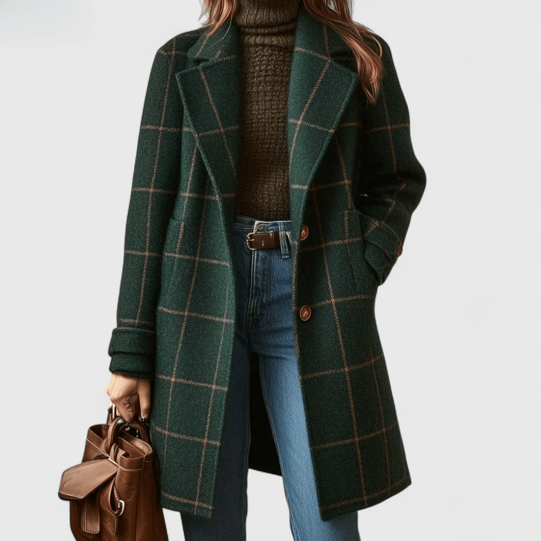 KORA | Long coat with plaid tweed pattern - Liora Melbourne