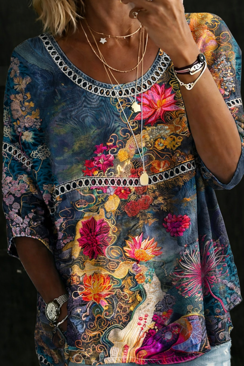 NICOLE | Blouse with floral denim-look print - Liora Melbourne