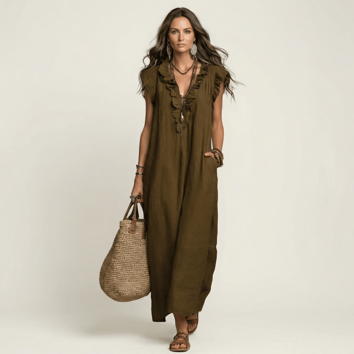 JOSETTE | Maxi dress with ruffle V-neck - Liora Melbourne
