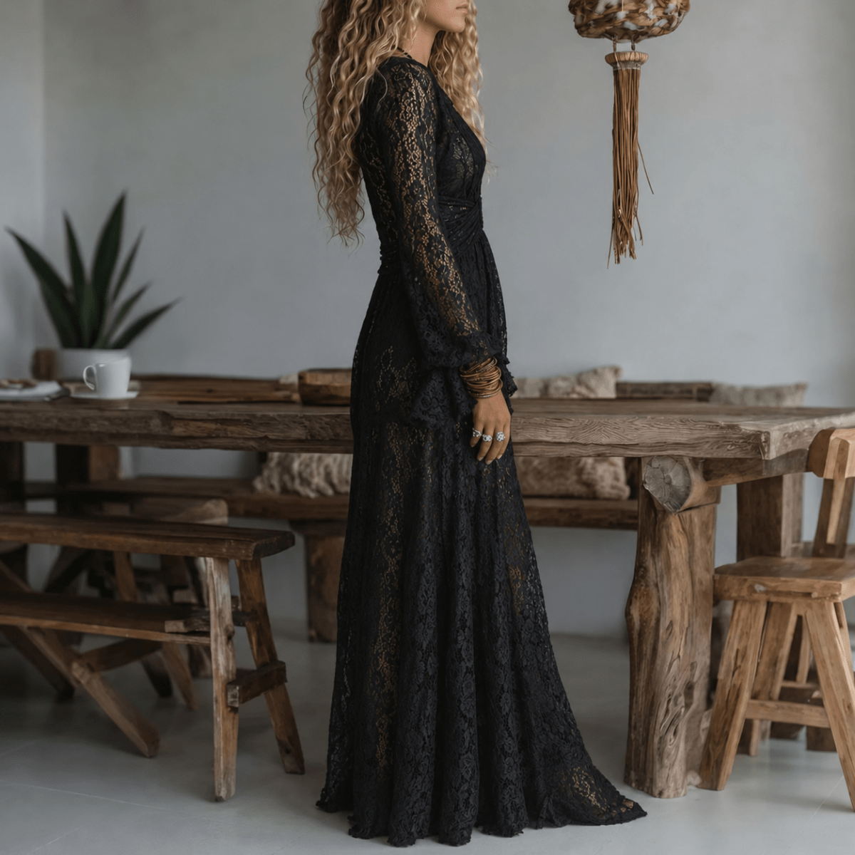 RACHEL | Maxi dress with lace bell sleeves - Liora Melbourne