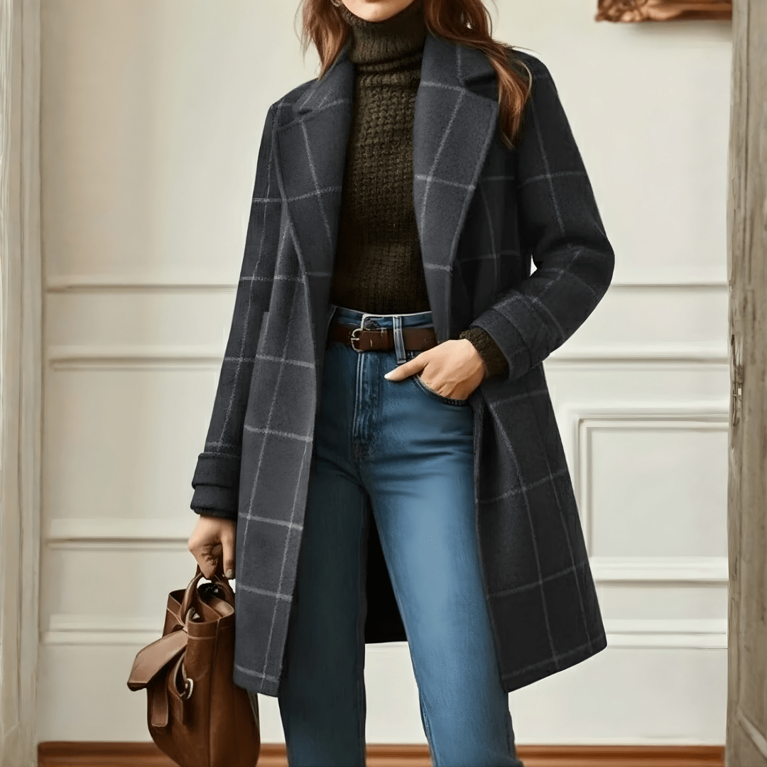 KORA | Long coat with plaid tweed pattern - Liora Melbourne