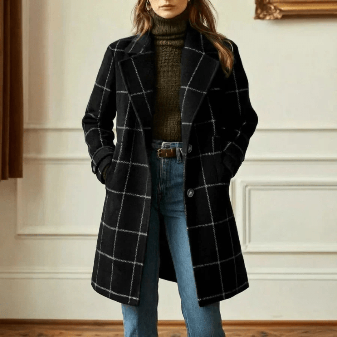 KORA | Long coat with plaid tweed pattern - Liora Melbourne