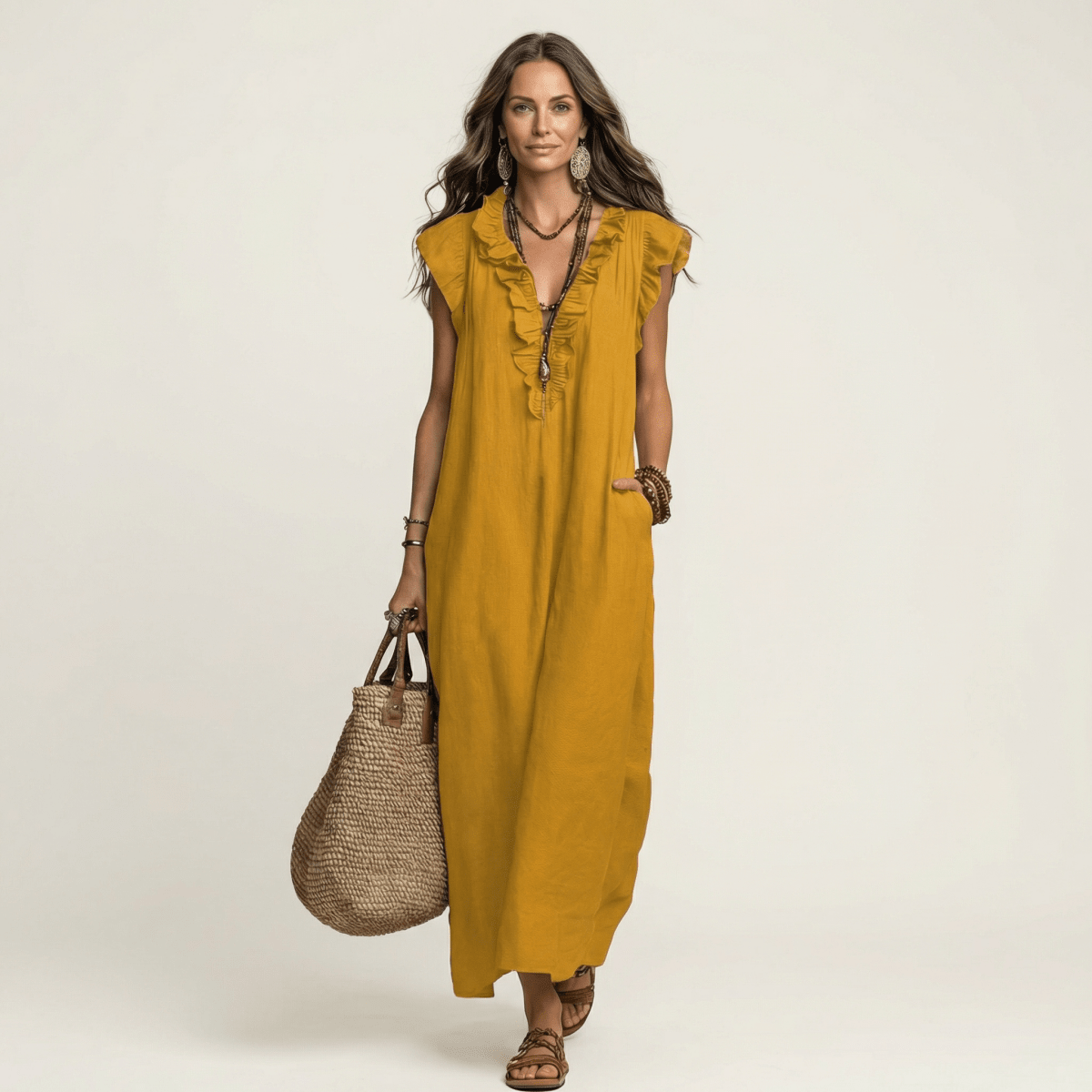 JOSETTE | Maxi dress with ruffle V-neck - Liora Melbourne